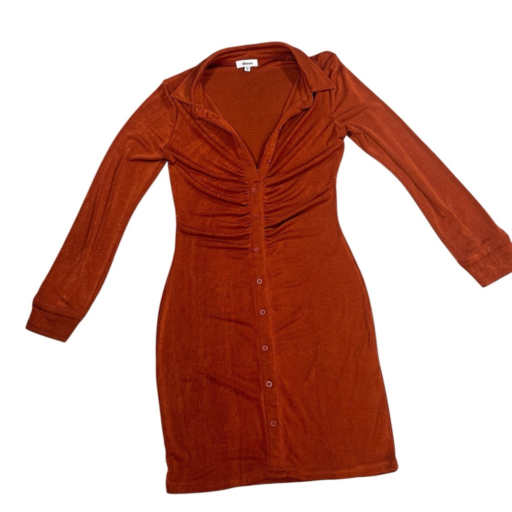 Long-Sleeve Ruched Button-Front Dress — Rust - Picture 3 of 6